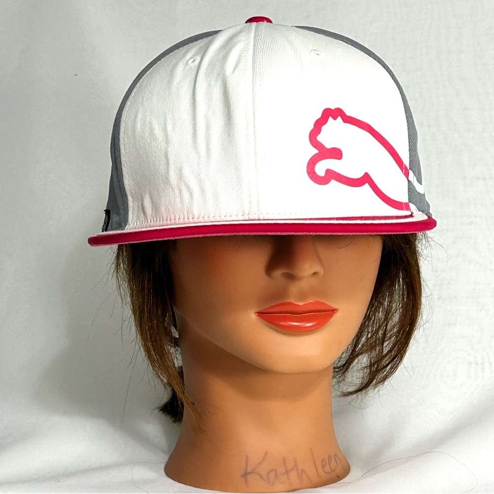 Puma Snap Back Cap White and Gray with Pink, Puma Graphic, One Size, Adjustable